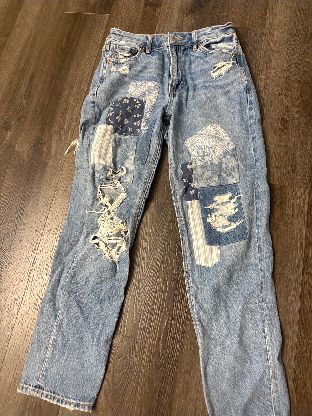American Eagle Outfitters Light Blue Patchwork Straight Leg Jeans